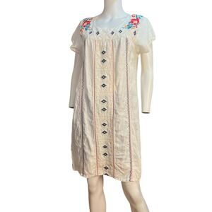 Johnny Was White Linen Embroidered Short Sleeve Shift Dress Size Large